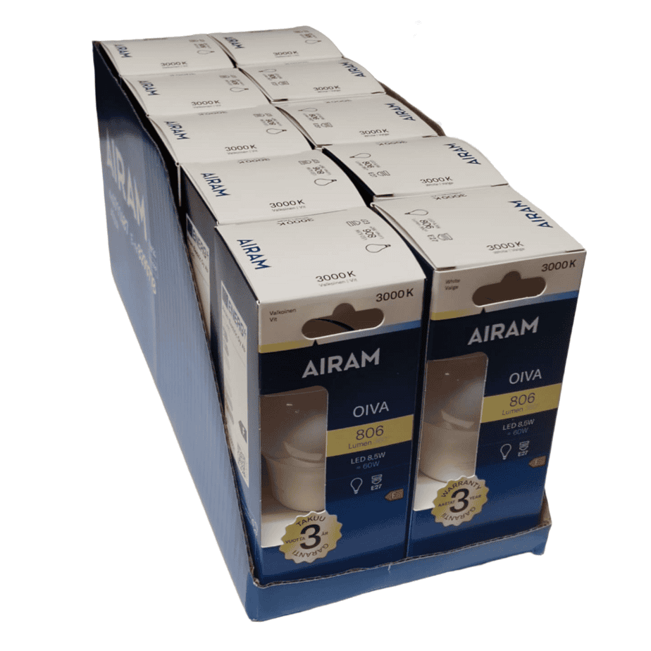 Airam 10-pak led vakiolamppu oiva 806lm e27 3000k | säästötalo latvala