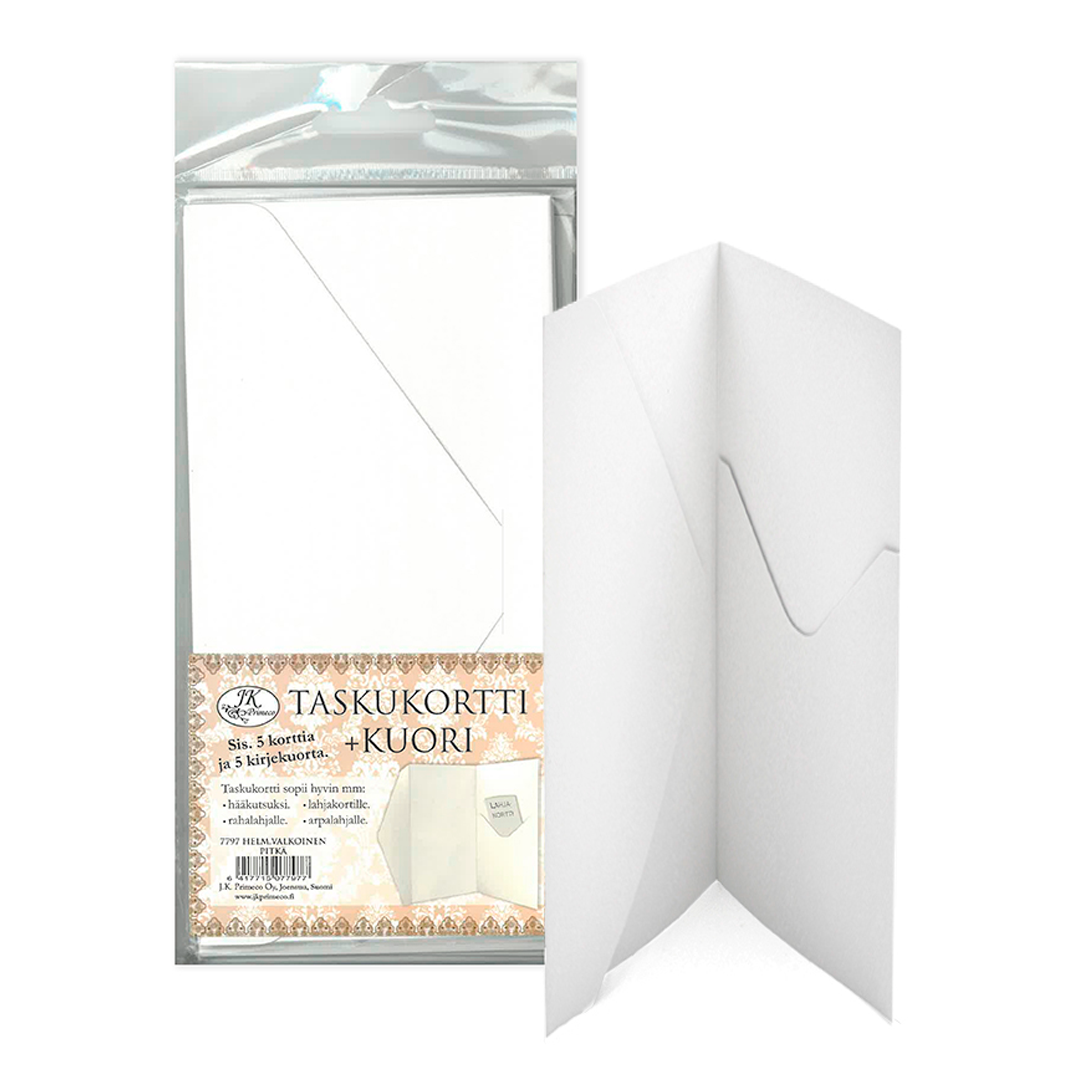 TASKUKORTTI + KUORI PITKÄ HELMIÄISVALKOINEN A6 5+5KPL